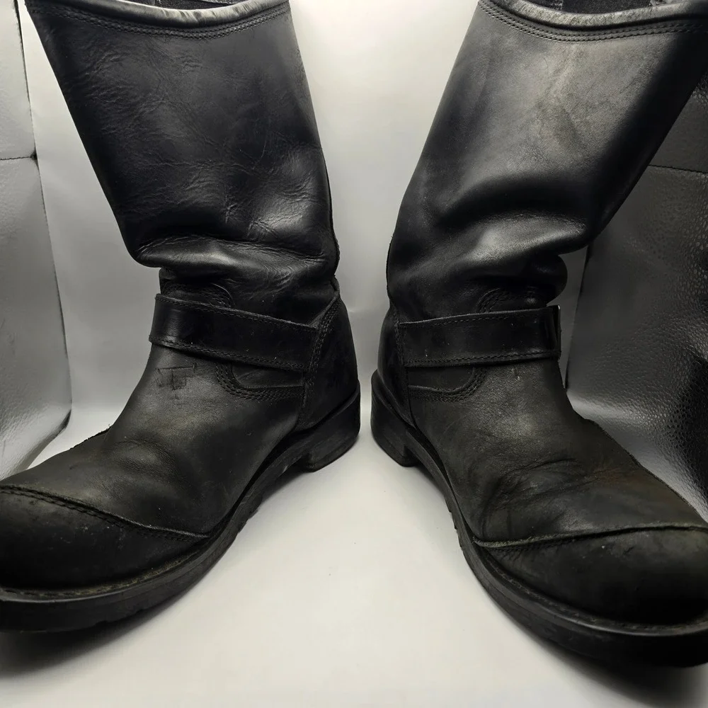 Harley Davidson Mens Black Leather Biker Boots 91066 Flame Logo Harness Size 10